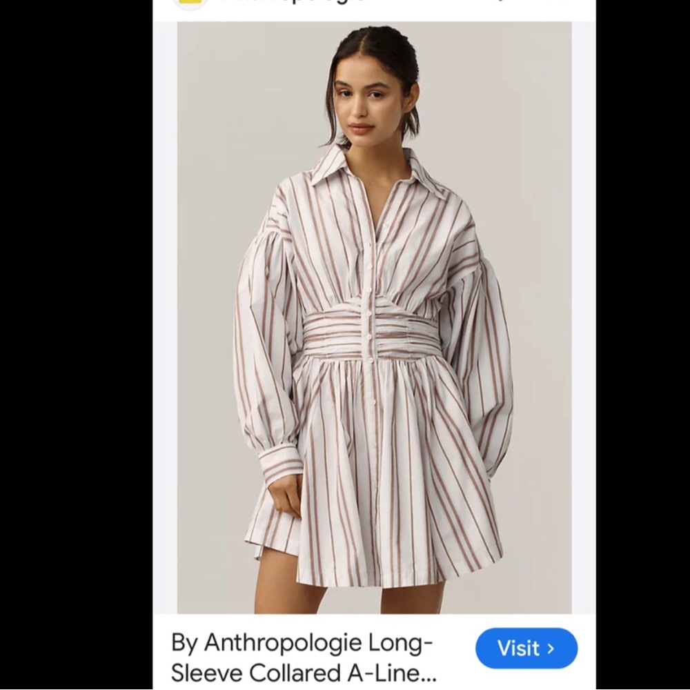 Anthropologie Striped Button-Front Mini Dress with Ruched Waist - White & Tan